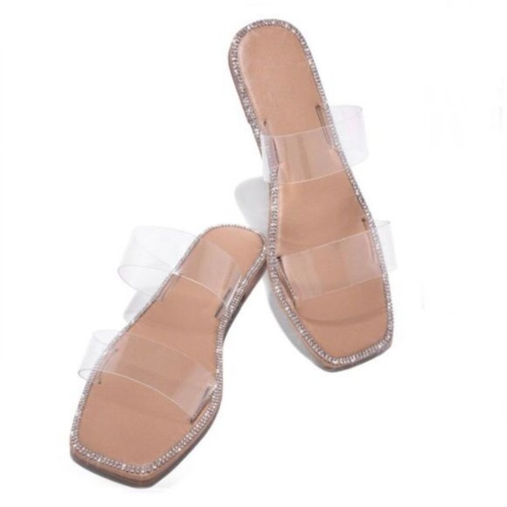 !! NEW !! Embellished Double Strap Square Toe Sandals in Clear